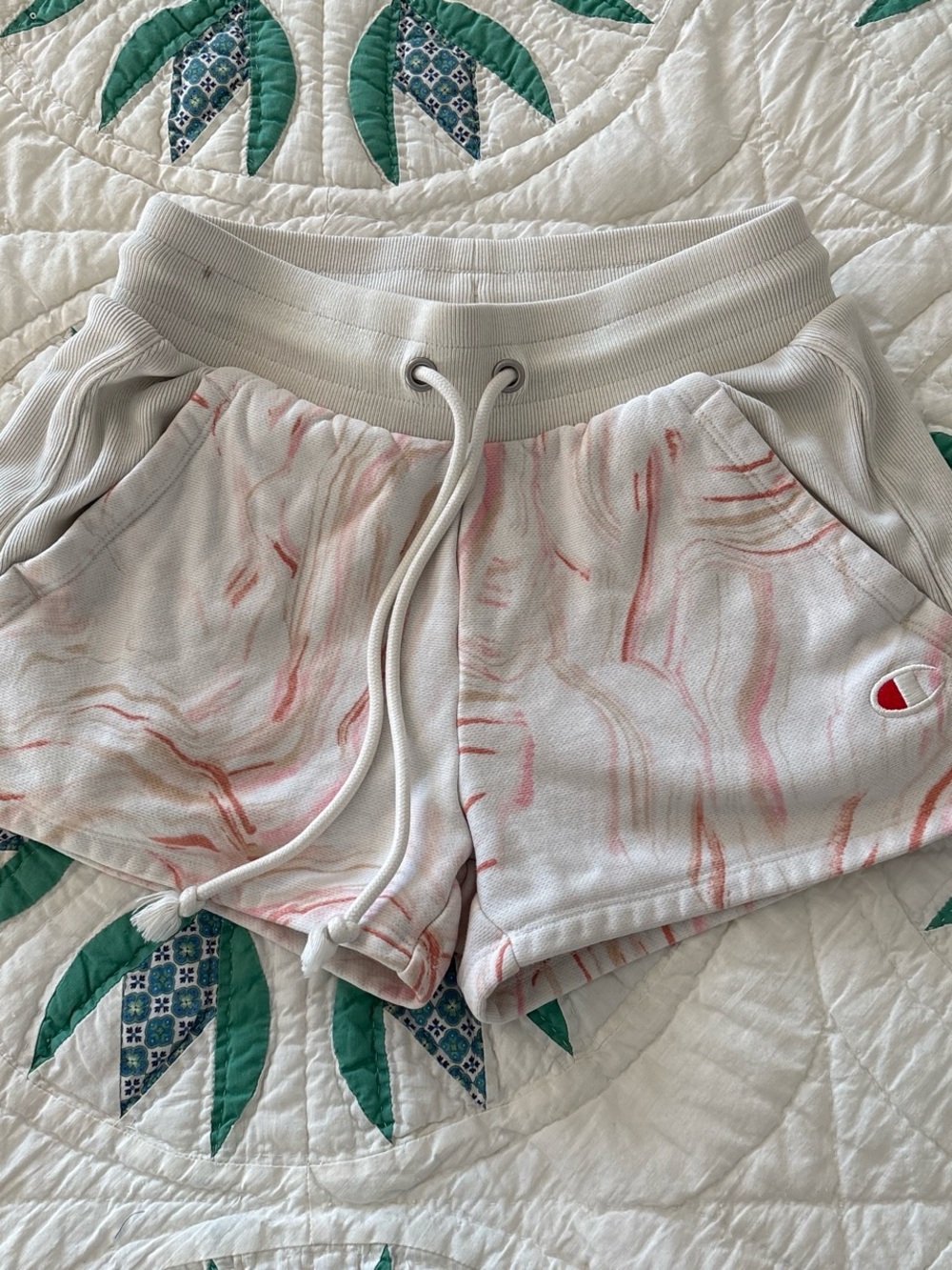Champion Women's Marble-Print Pink & White Drawstring Athletic Shorts